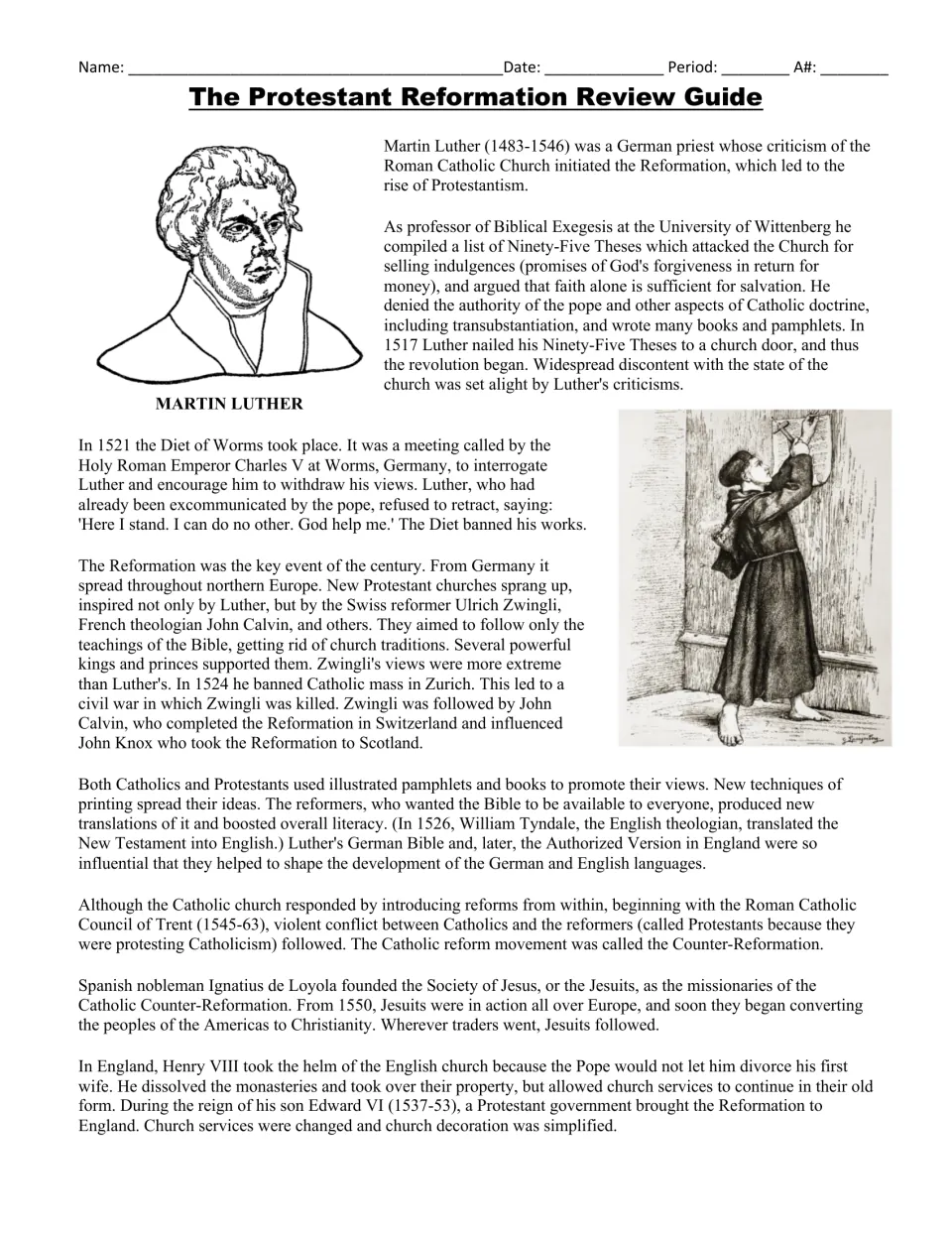 Protestant Reformation reading on Martin Luther, the 95 Theses, Diet of Worms, Calvin, Jesuits and Henry VIII's break
