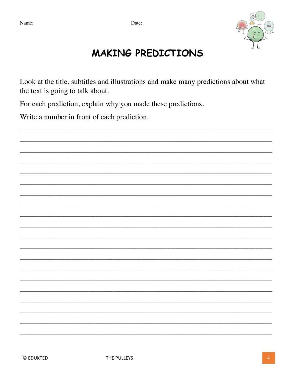 Pre-reading prediction activity asks students to use the title, subtitles and illustrations and explain why