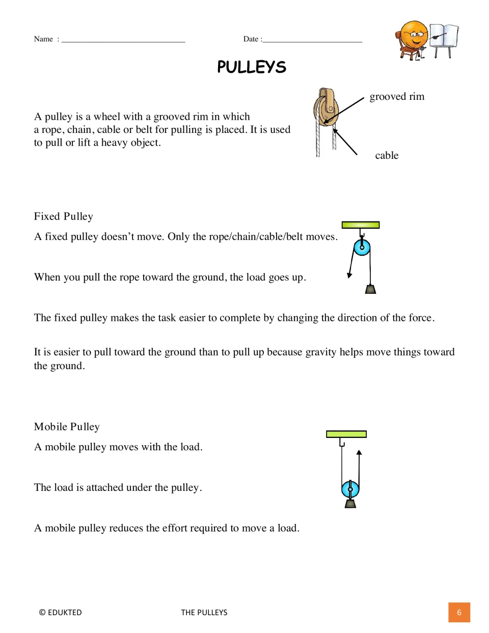 First passage page defines a pulley and explains fixed and mobile pulleys with labeled illustrations