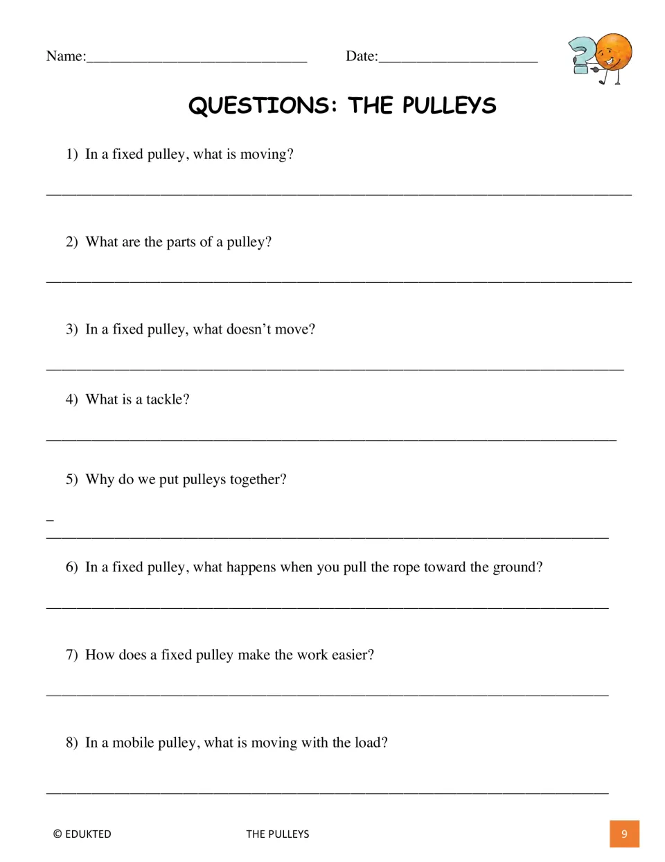 Eight comprehension questions ask about pulley parts, fixed and mobile pulleys, tackle and lifting loads