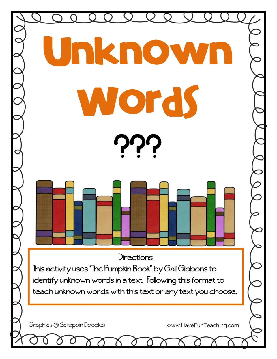 Unknown Words cover with directions for finding new words in The Pumpkin Book by Gail Gibbons or any chosen text