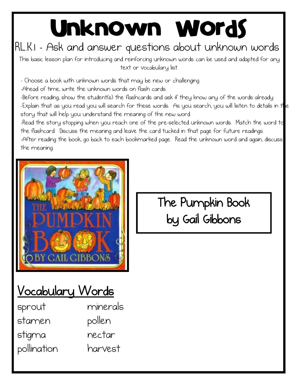 Unknown words lesson plan for RL.K.1: flash card steps before, during and after reading, plus 8 vocabulary words