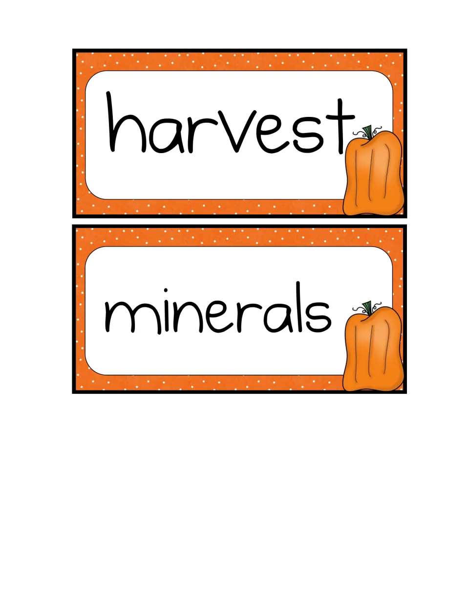 Pumpkin vocabulary flash cards for harvest and minerals, the last two of the eight unknown words in the lesson