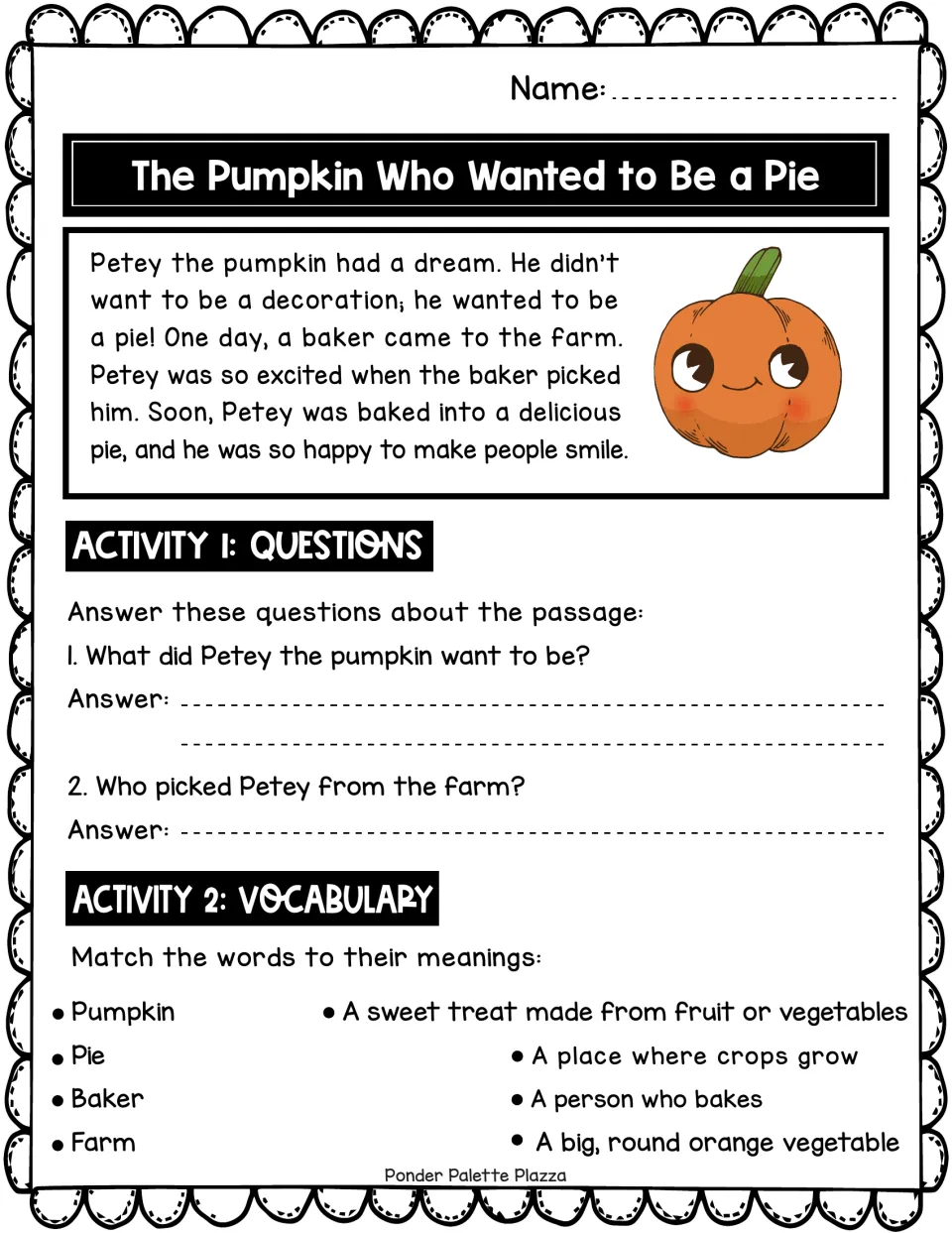 Pumpkin story about Petey: students read a short passage, answer 2 comprehension questions and match 4 vocabulary words