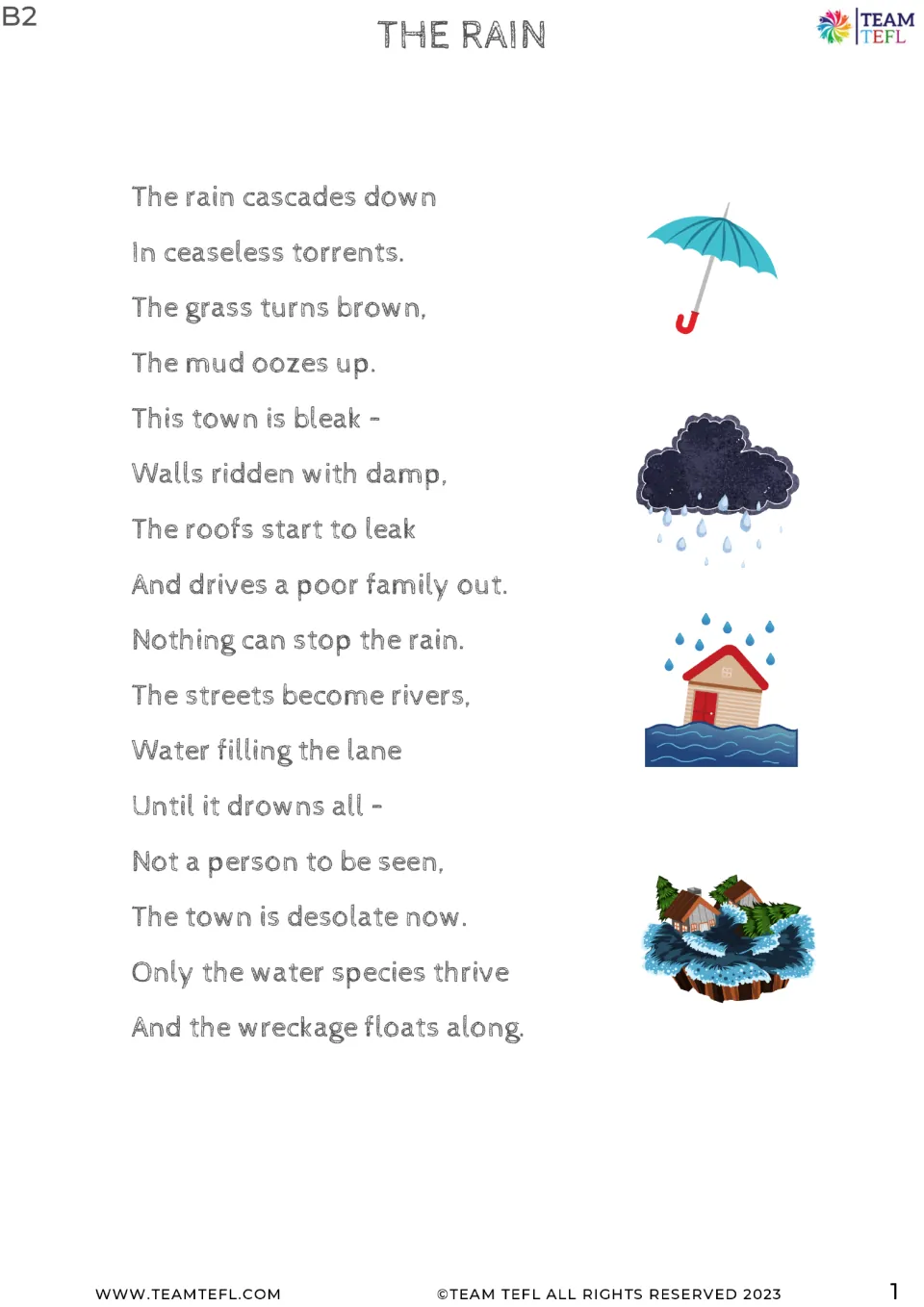 Reading poem about relentless rain, leaking roofs, flooded streets, and a town left desolate by rising water.