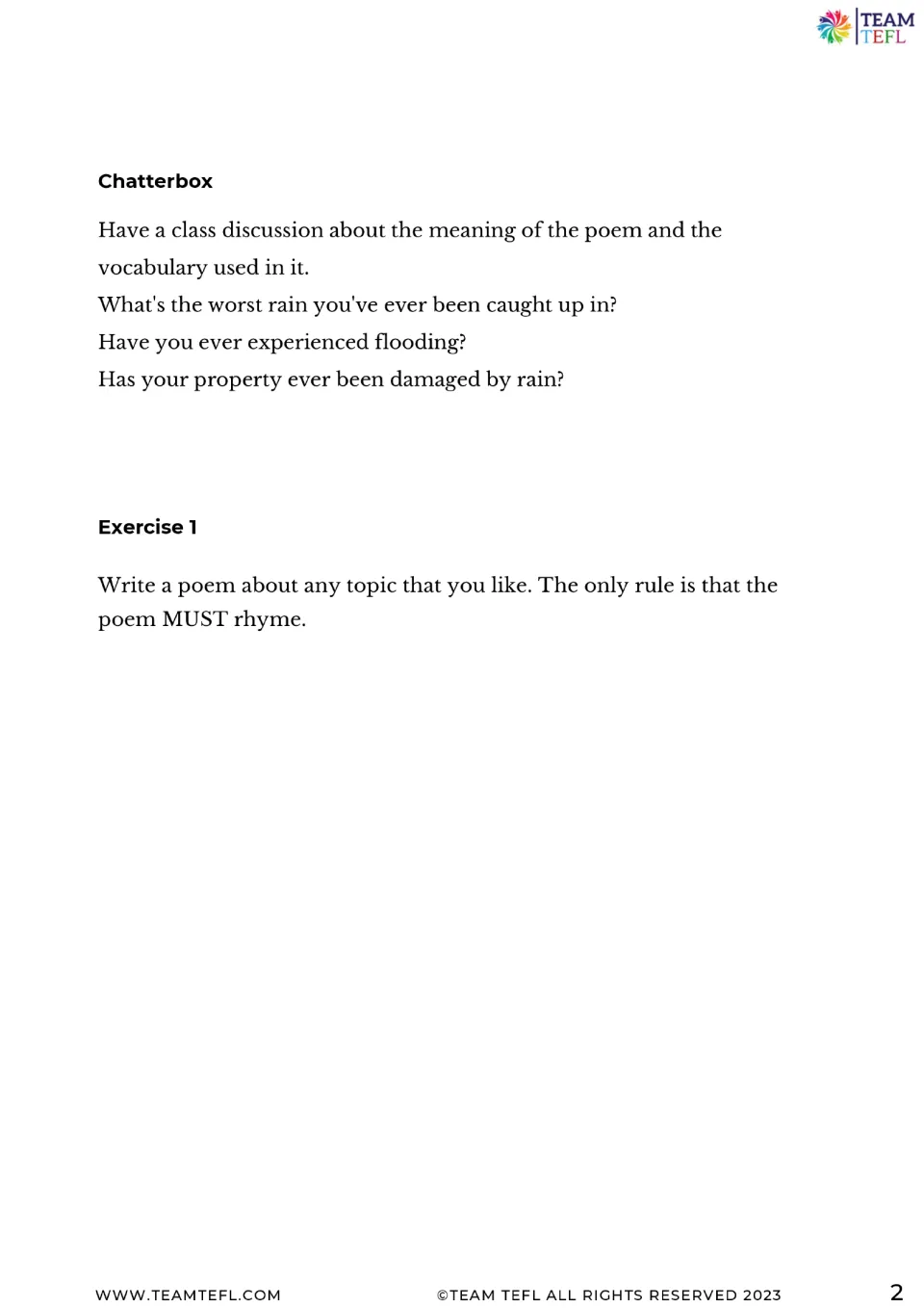 Follow-up poem activities: discuss rain and flooding experiences, then write a rhyming poem on any topic.