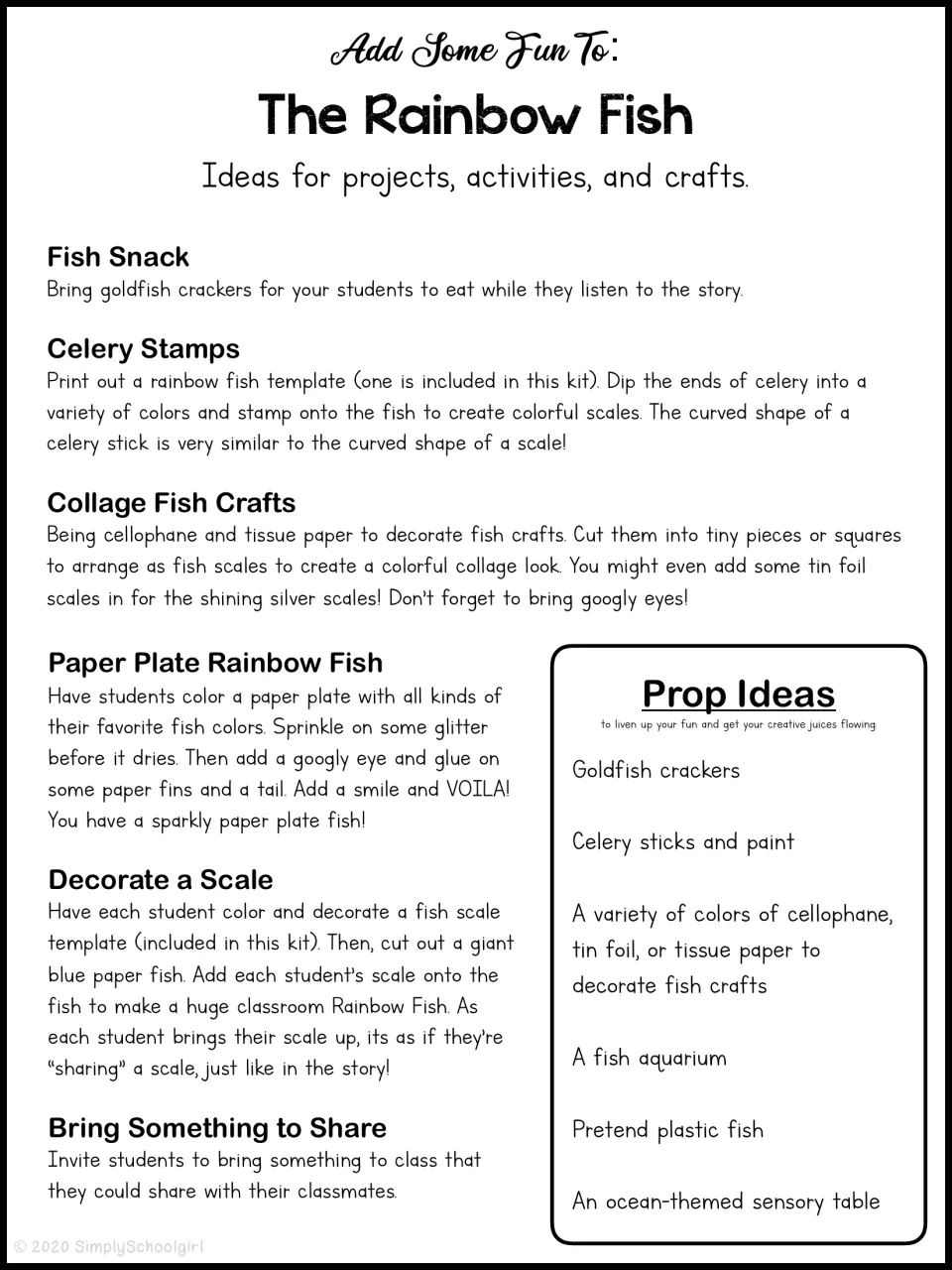 Story extension ideas: goldfish snack, celery-stamp scales, collage and paper plate fish crafts, plus a list of prop ideas