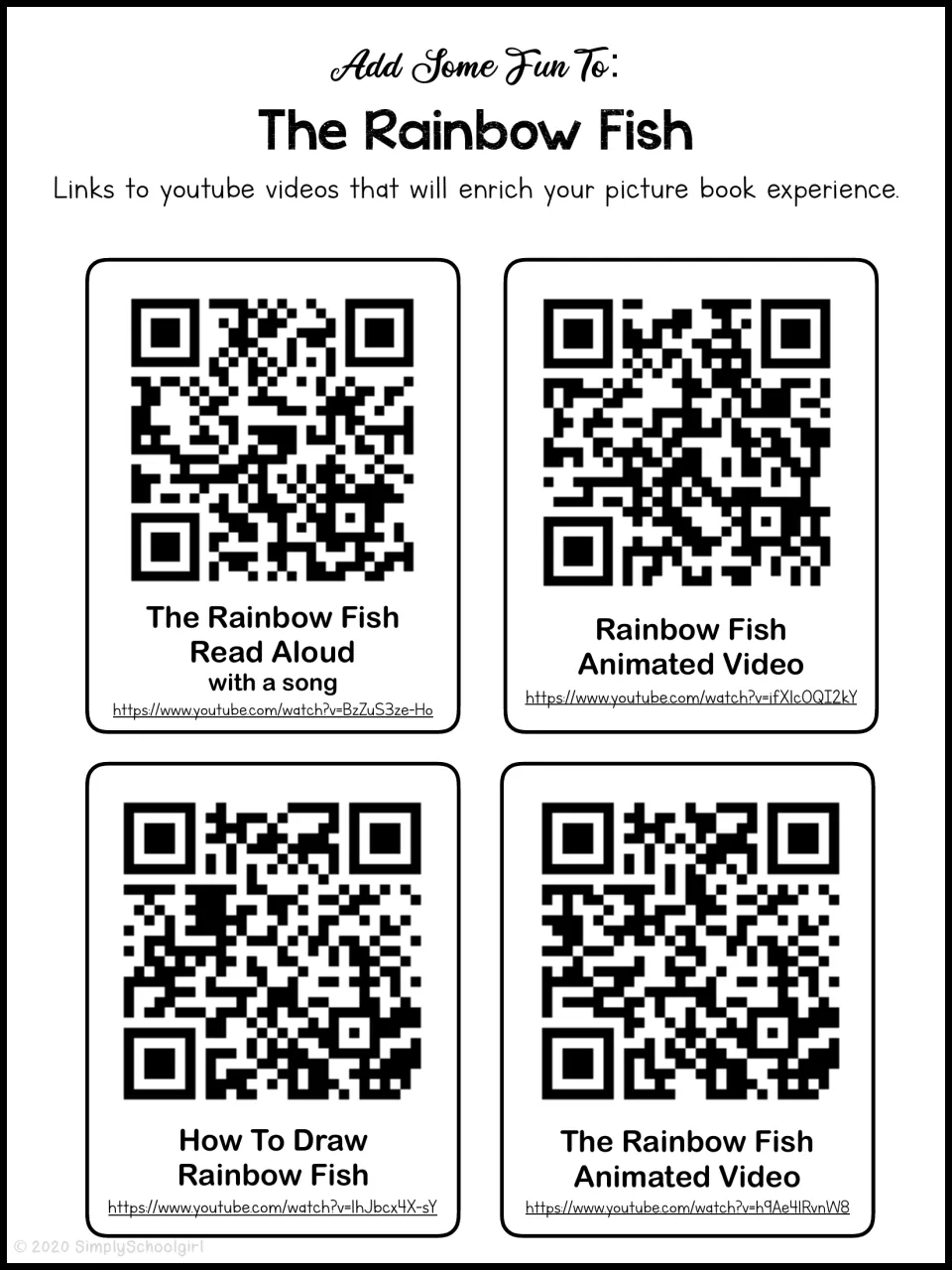 YouTube video links with QR codes: a read-aloud with a song, two animated versions and a how-to-draw lesson for the fish