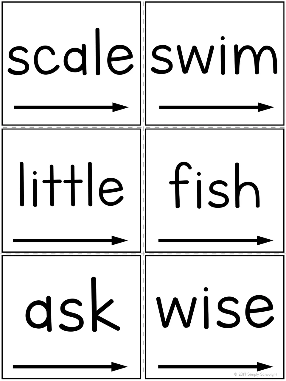 Story word cards to cut apart: scale, swim, little, fish, ask and wise, each printed large with a left-to-right arrow