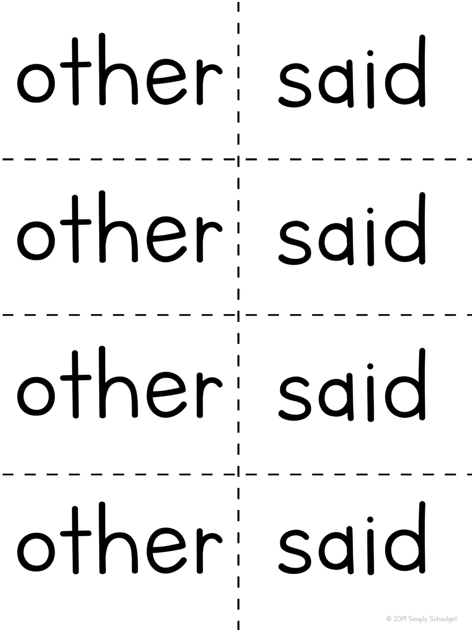 Sight word cards to cut apart: the words other and said repeated four times each in large print for reading practice