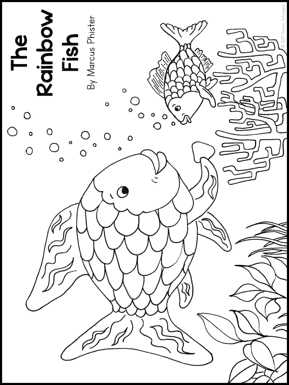 Coloring page of the big scaly fish and a smaller fish among coral and seaweed, titled with the author's name