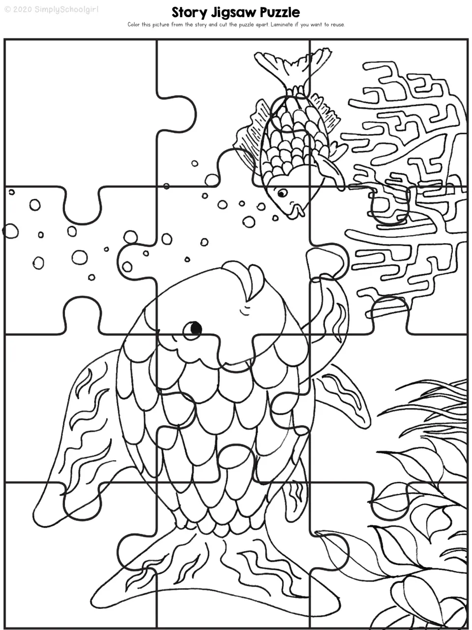Story Jigsaw Puzzle: students color a scene of the two fish and coral, then cut it into 12 puzzle pieces to rebuild