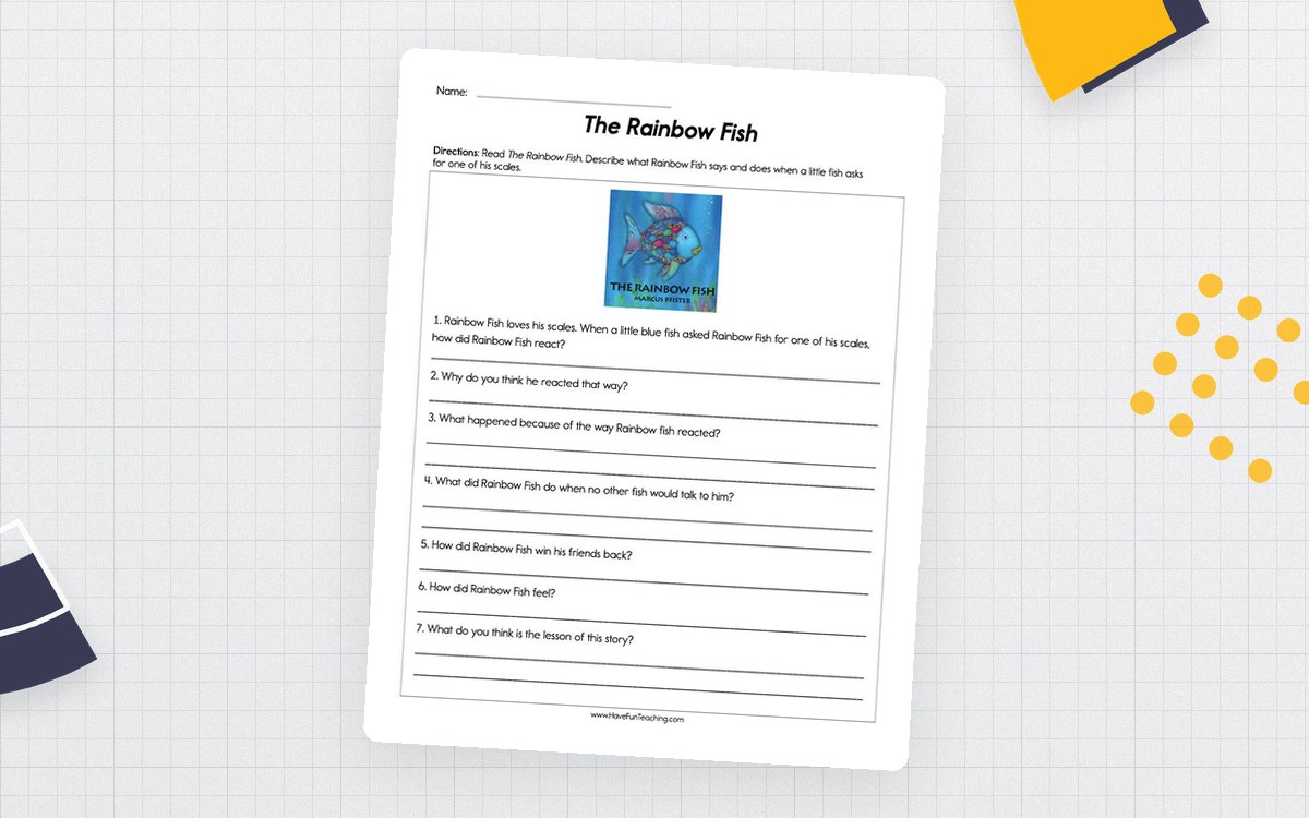 The Rainbow Fish Worksheet preview: Seven open-response literature questions