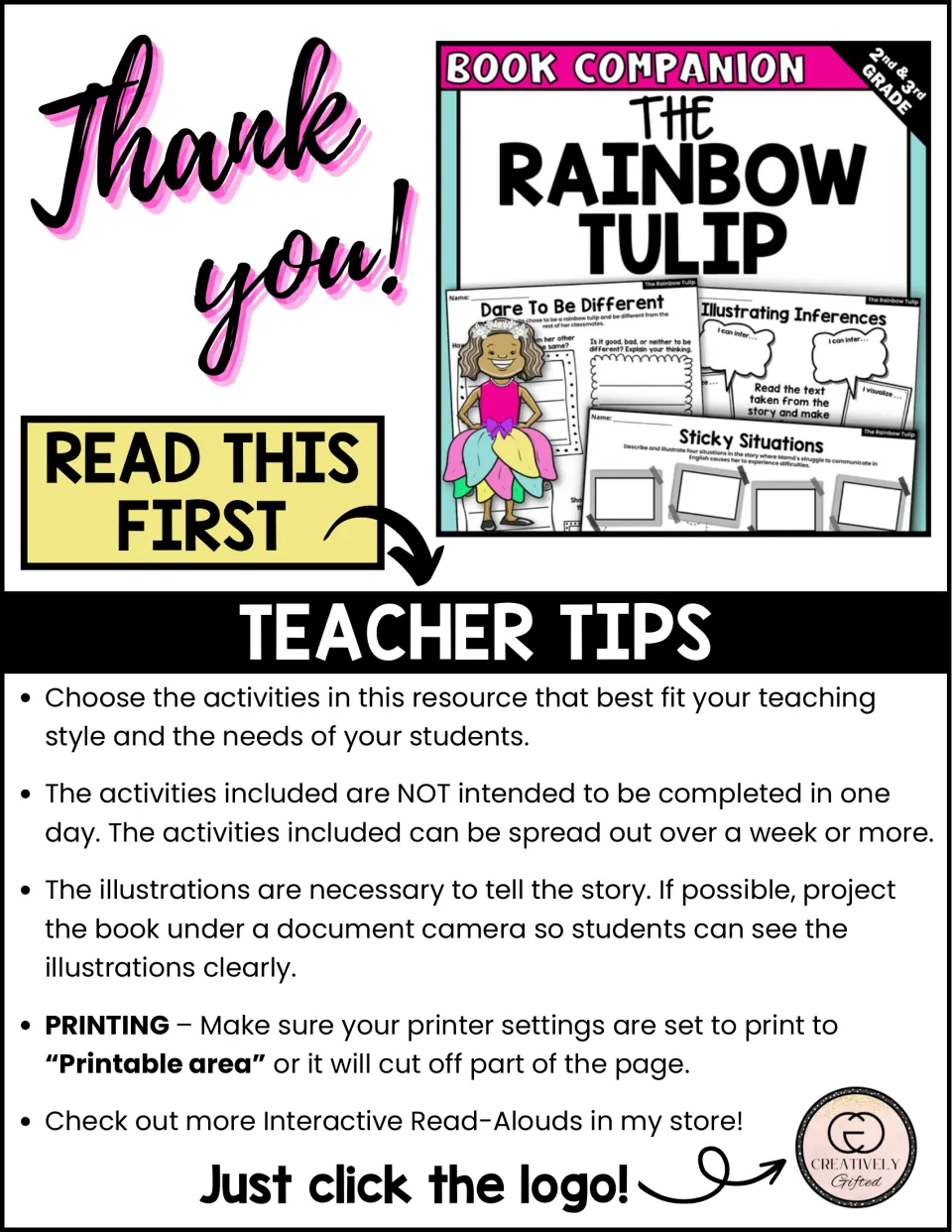Teacher tips for the book companion explain activity selection, pacing, showing illustrations, and printing.