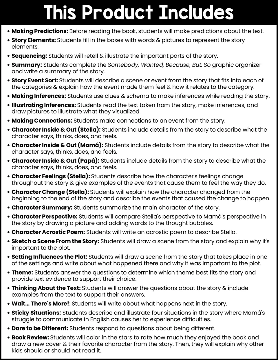 Activity overview lists prediction, sequencing, inference, character analysis, theme, and book review tasks.