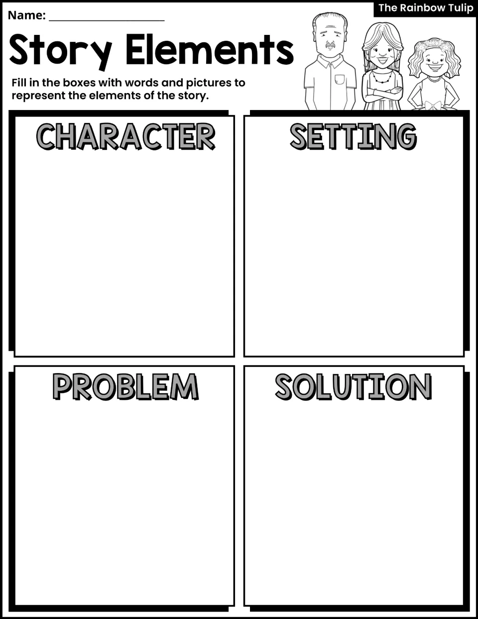 Story Elements activity asks students to use words and pictures to identify character, setting, problem, and solution.