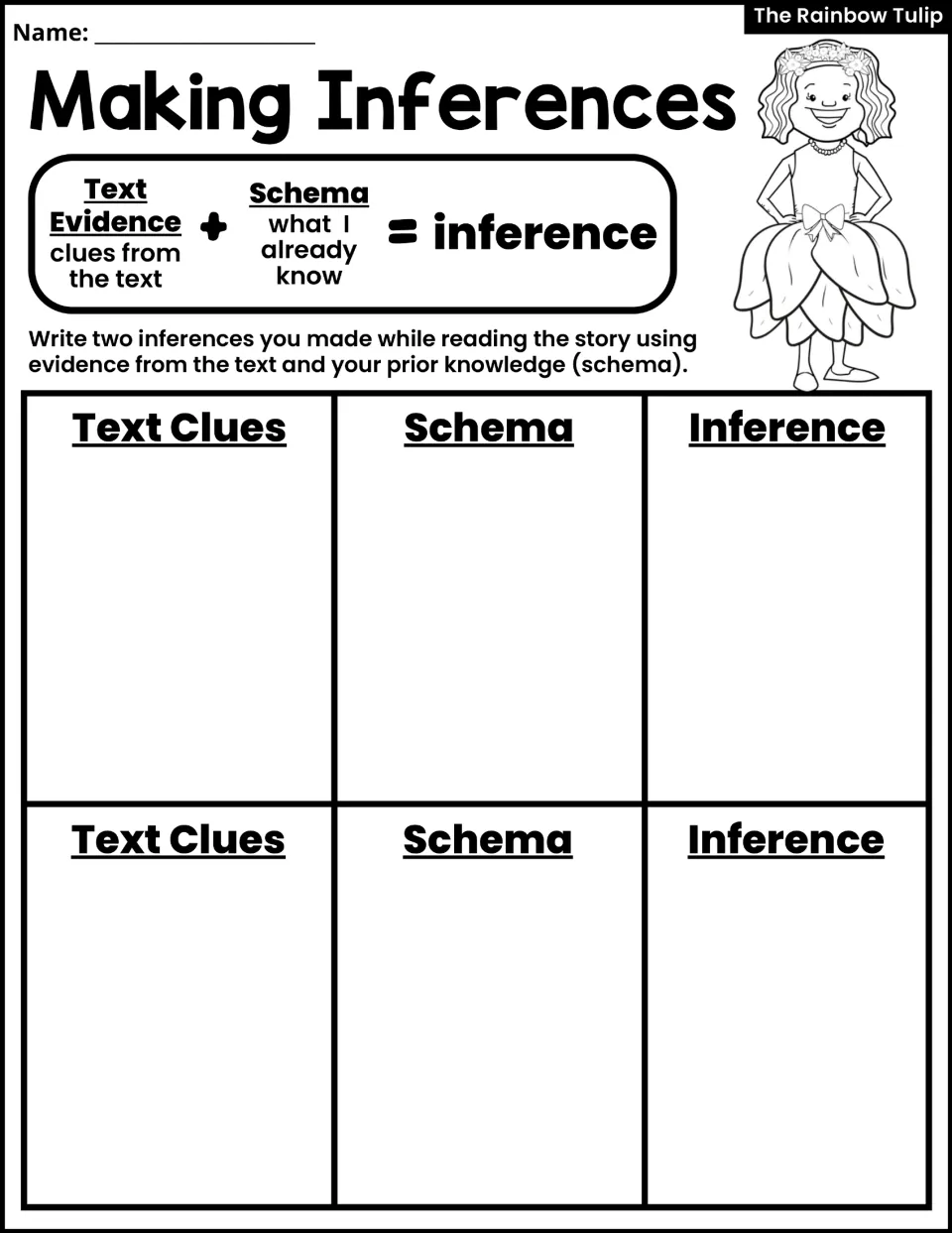 Making Inferences activity asks students to write two inferences using text clues and prior knowledge, or schema.