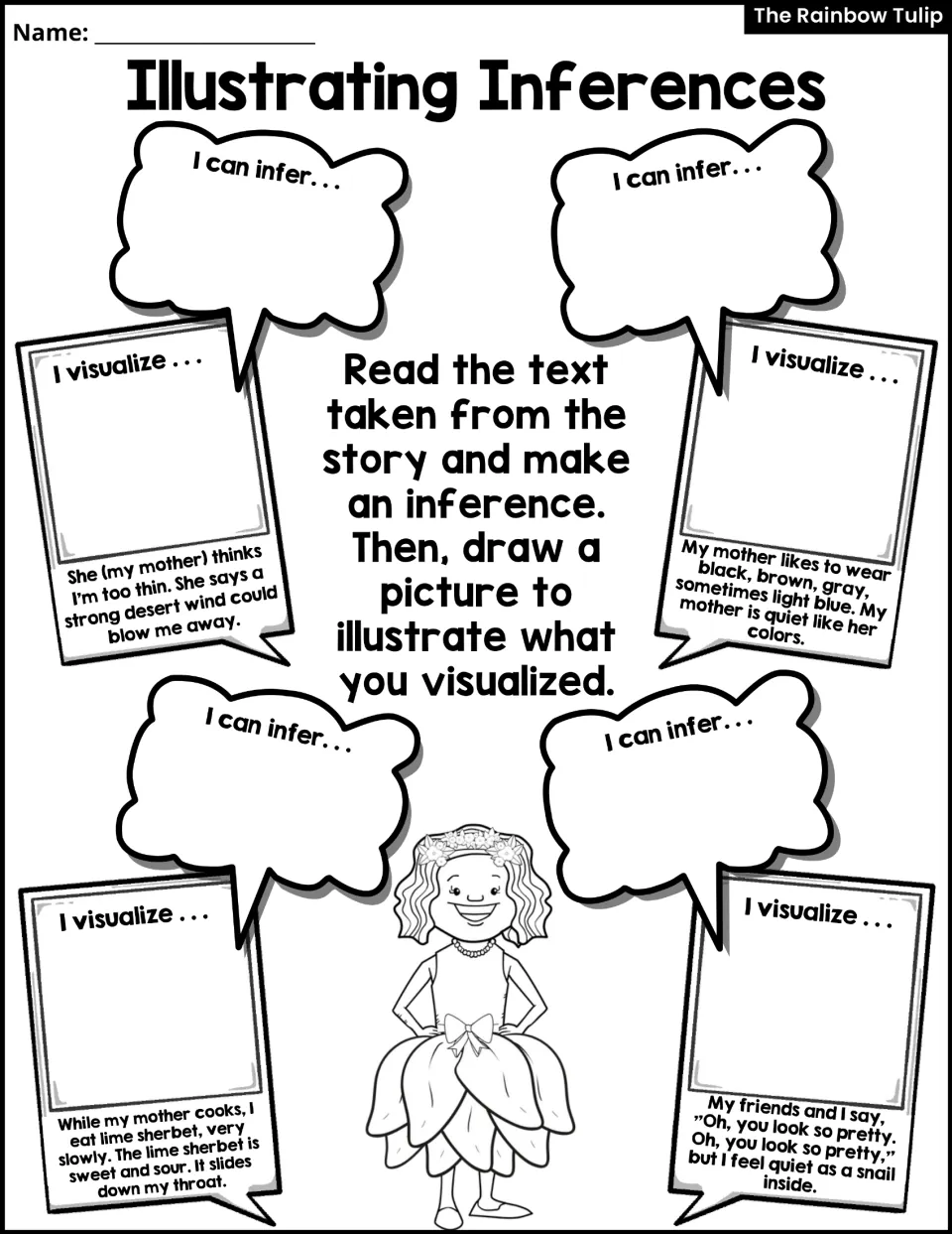 Illustrating Inferences activity uses four story excerpts for students to infer meaning and draw visualizations.
