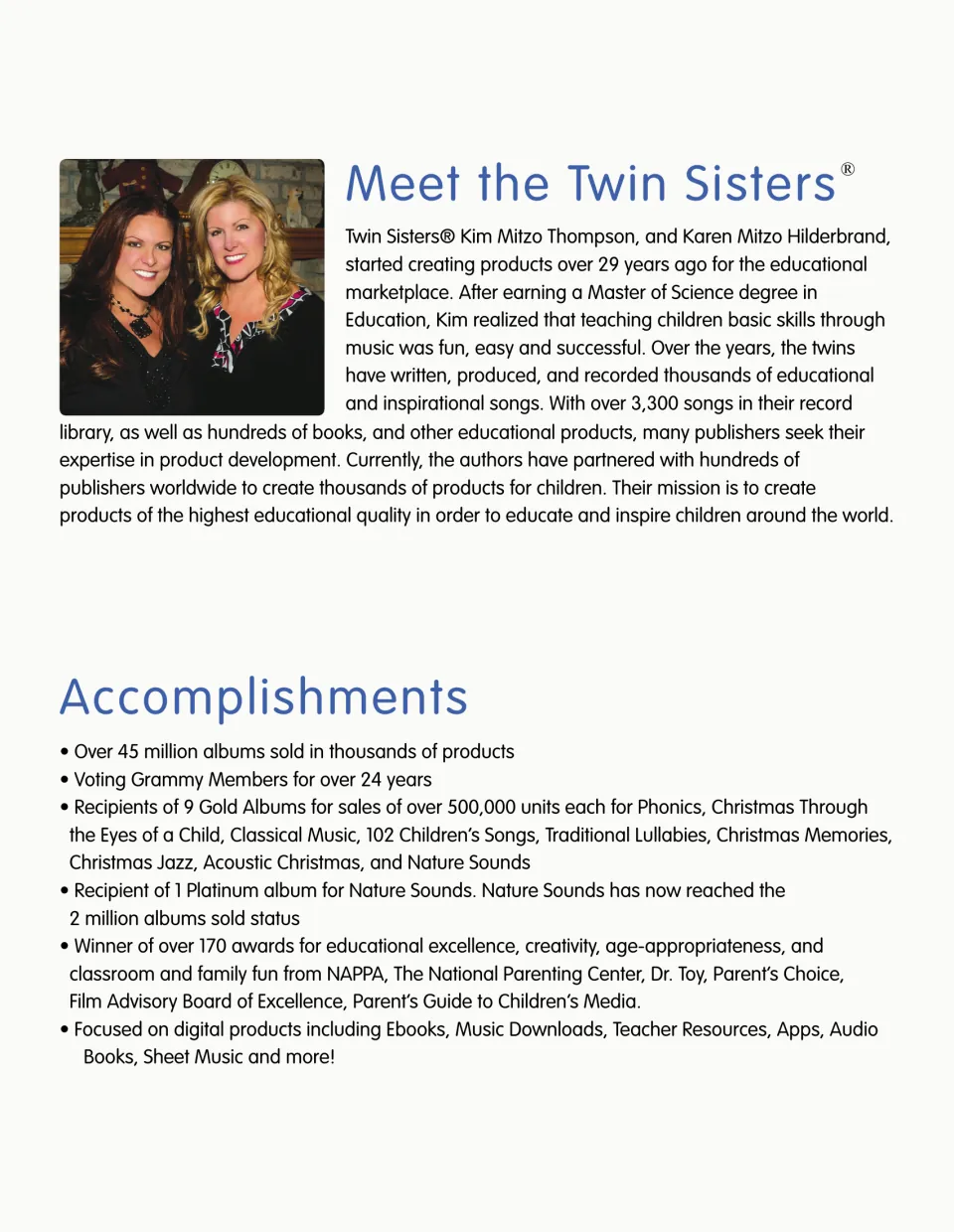 Contributor biography page introduces Twin Sisters Kim Mitzo Thompson and Karen Mitzo Hilderbrand