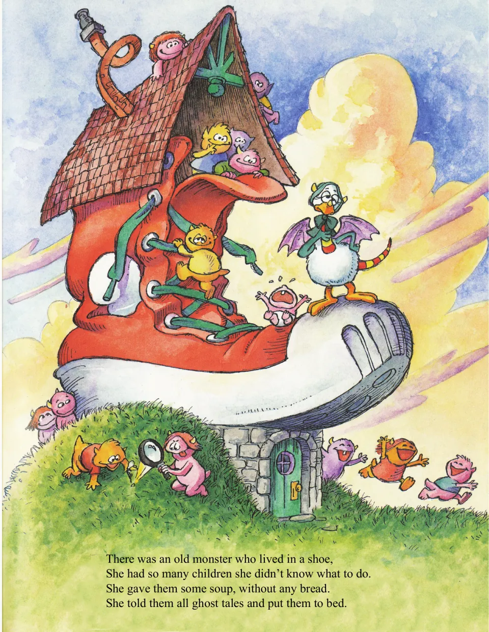 Nursery rhyme about an old monster living in a shoe, feeding her children soup and telling ghost tales