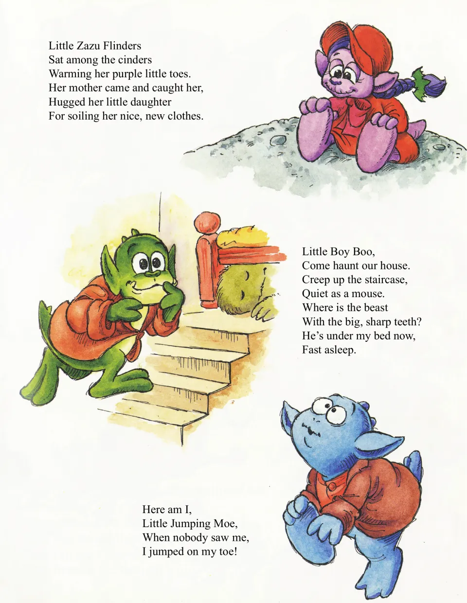Three short monster nursery rhymes feature Little Zazu Flinders, Little Boy Boo, and Little Jumping Moe