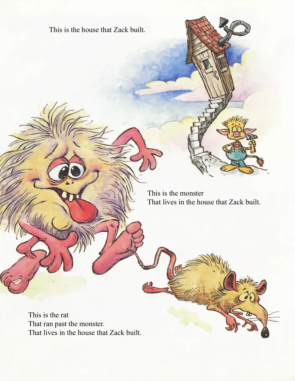 Opening of the cumulative rhyme about the house Zack built introduces the house, a monster, and a rat