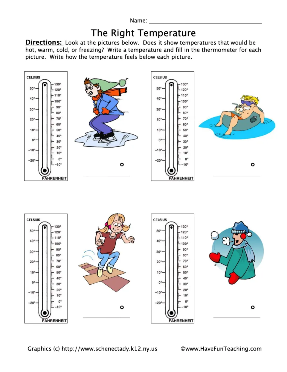 Reading thermometers: students write a temperature, shade the thermometer and label four scenes hot, warm, cold or freezing