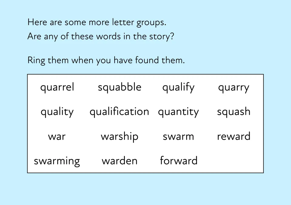 qua and war letter groups: students check if quarrel, squabble, quantity, swarm, reward and others appear and ring them