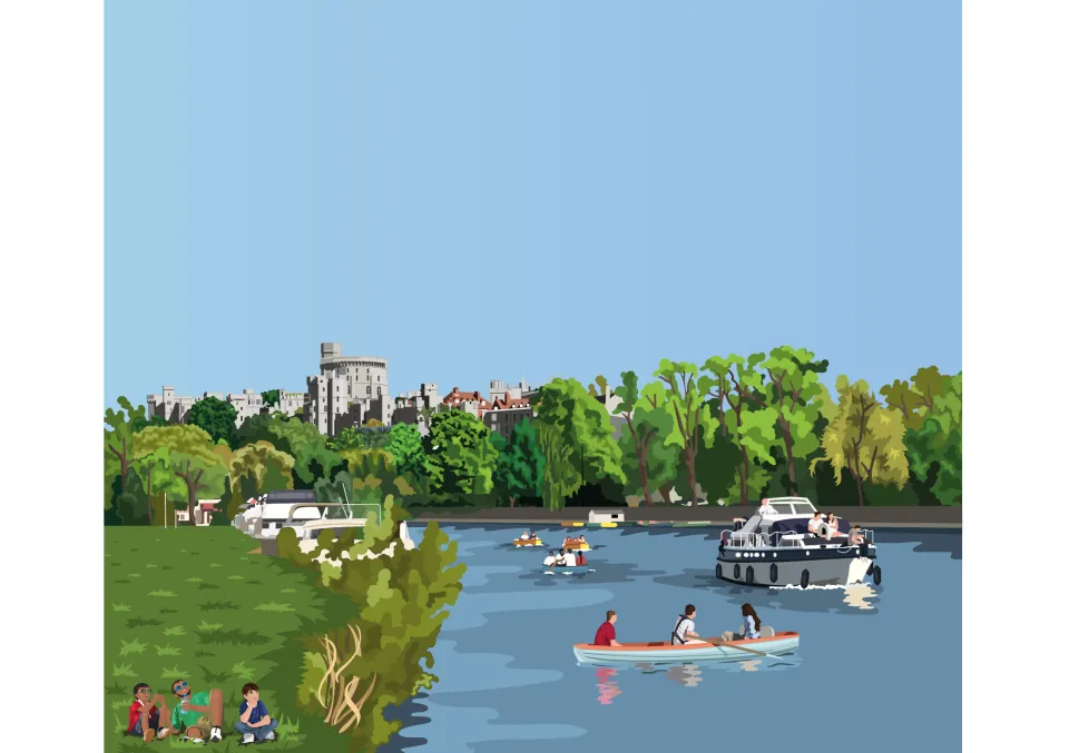 Story illustration: three people relax on a grassy riverbank as a cruiser and rowing boat pass below a castle on a hill