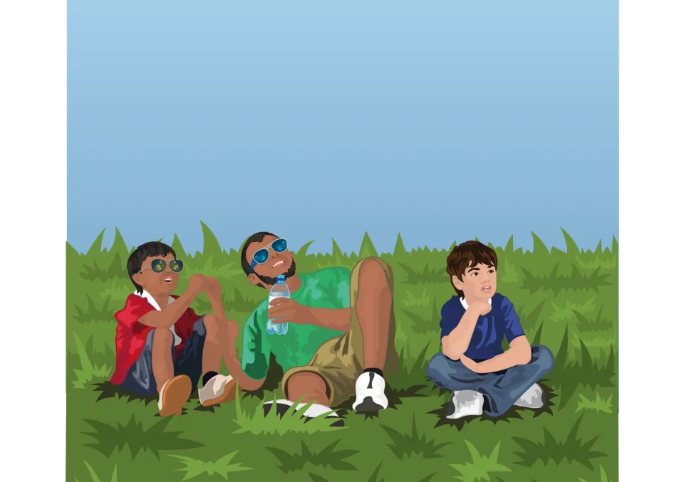 Story illustration: two boys and a man in sunglasses sit on the grass looking up at a clear blue sky