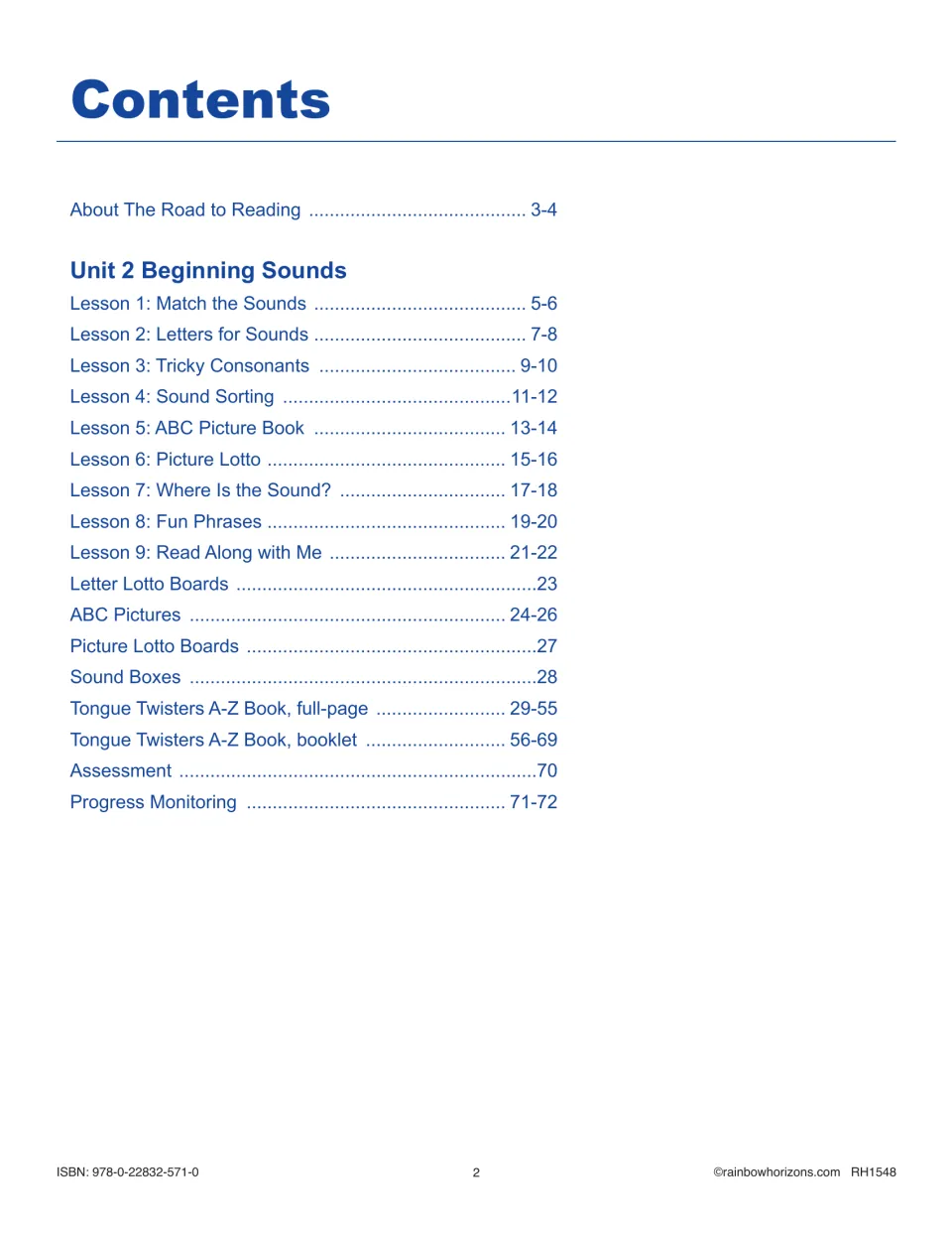 Contents for Unit 2 listing nine lessons from Match the Sounds to Read Along with Me, plus lotto boards and tongue twisters