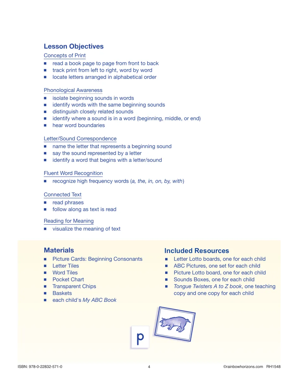 Lesson objectives for print concepts, phonological awareness and letter/sound correspondence, plus materials and resources