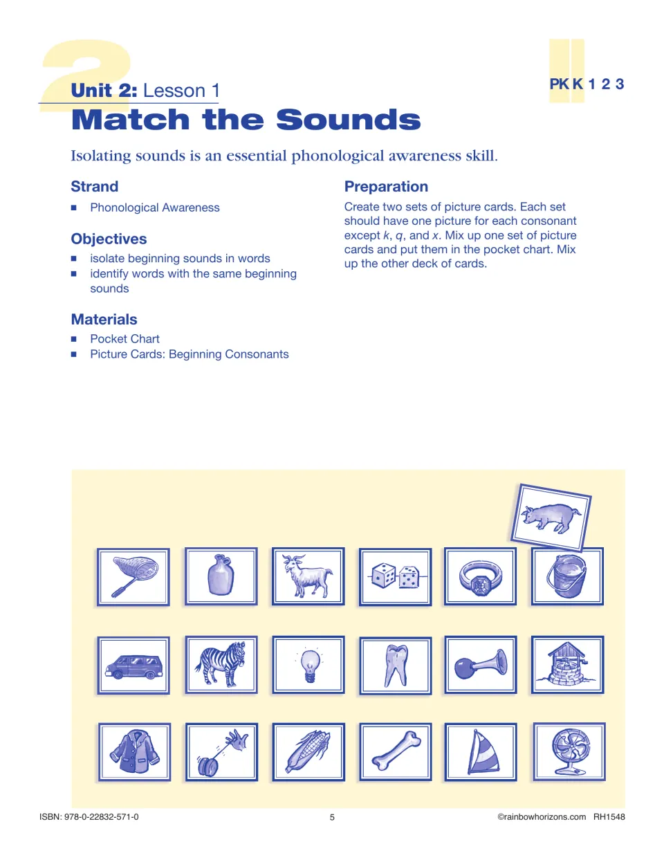 Lesson 1, Match the Sounds: prepare two sets of consonant picture cards for the pocket chart to isolate beginning sounds