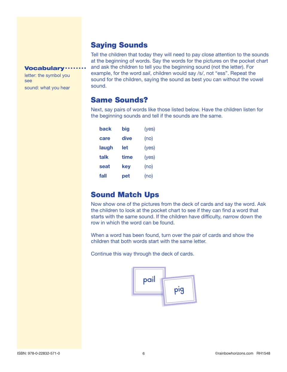 Match the Sounds steps: children say beginning sounds, judge if word pairs like back/big match, then pair picture cards