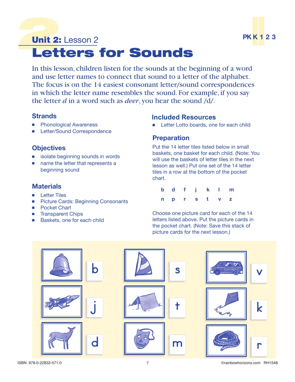 Lesson 2, Letters for Sounds: 14 easy consonants like b, d and s, matched as letter tiles beside picture cards