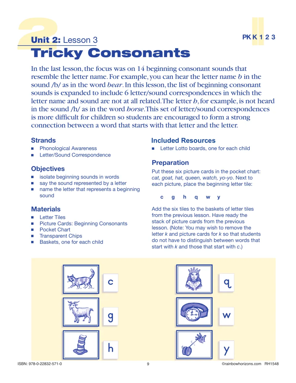 Lesson 3, Tricky Consonants: c, g, h, q, w and y, whose names differ from their sounds, matched to cat, goat, hat and more