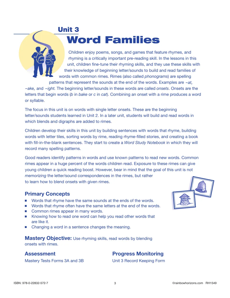Unit 3 overview explains rhyming, single-letter onsets, and rimes such as -at, -ake, and -ight for reading words