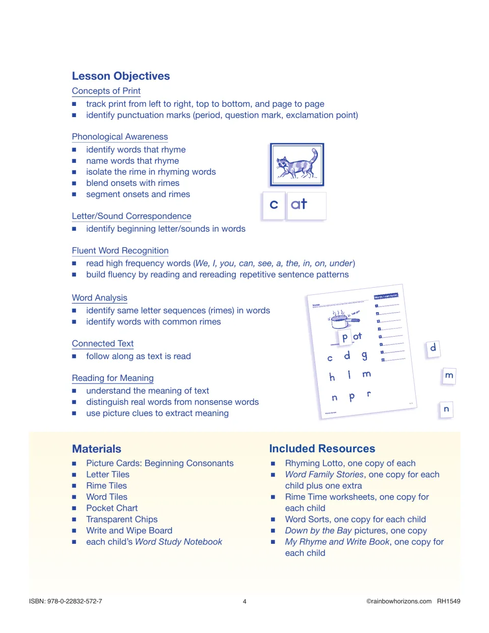 Lesson objectives cover rhyming, blending onsets and rimes, word recognition, and meaning, with materials listed