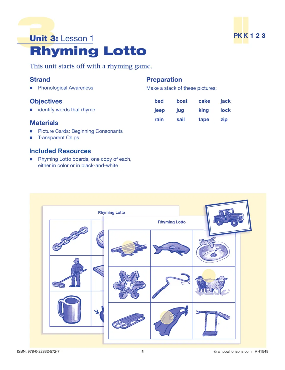 Rhyming Lotto lesson plan lists its rhyming objective, picture cards, chips, and color or black-and-white boards