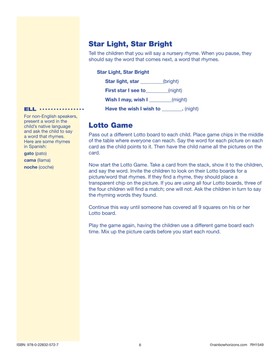 Rhyming Lotto directions pair a Star Light, Star Bright rhyme warm-up with a game matching picture-card rhymes