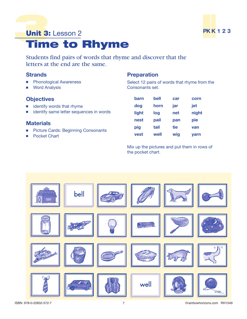 Time to Rhyme lesson prepares 12 rhyming word pairs, including bell/well and barn/yarn, using picture cards
