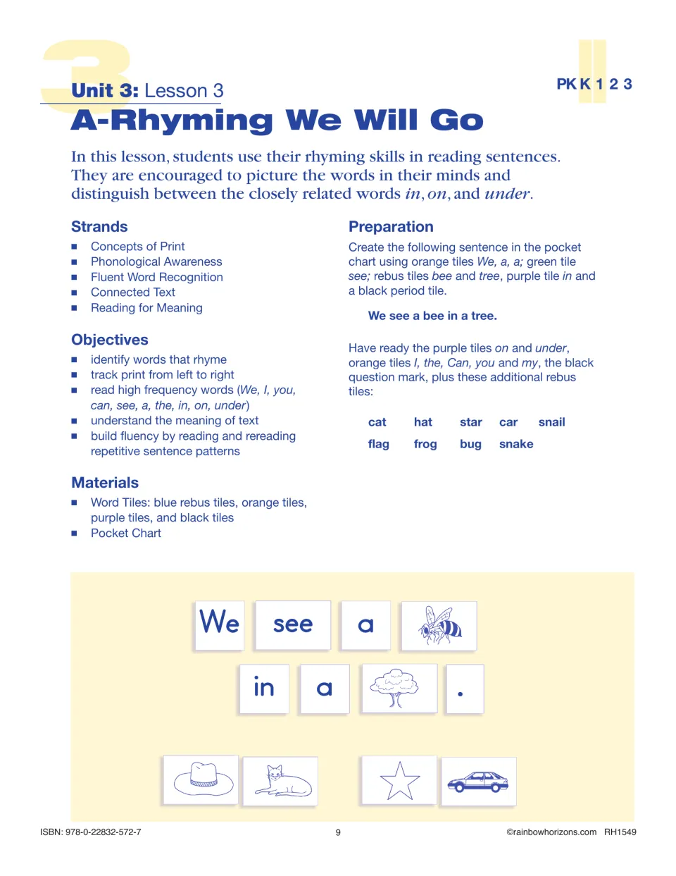 A-Rhyming We Will Go lesson prepares word tiles for 'We see a bee in a tree' and practice with in, on, and under
