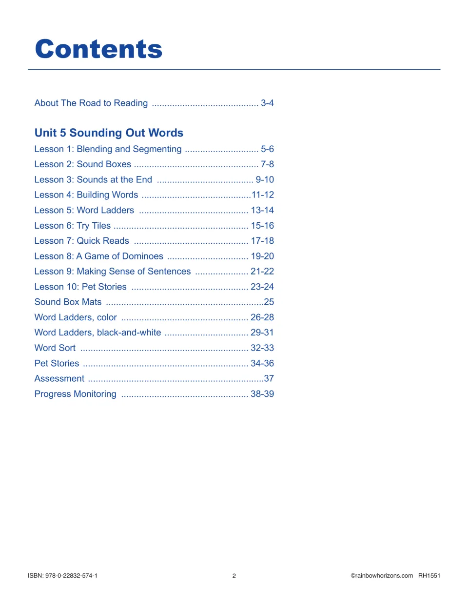 Contents for Unit 5 Sounding Out Words: 10 lessons from Blending and Segmenting to Pet Stories, plus mats, sorts and tests