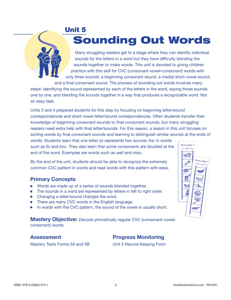 Unit 5 overview: blending sounds to decode CVC words, with primary concepts, mastery objective and assessment forms listed