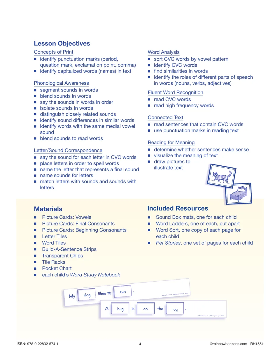 Unit 5 lesson objectives by strand, from phonological awareness to reading for meaning, plus the materials list