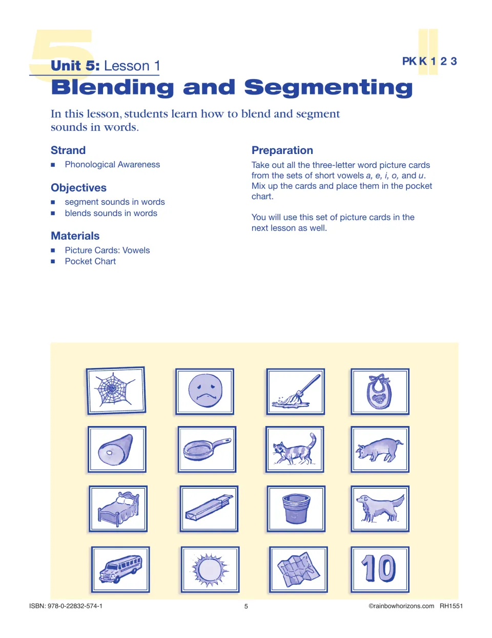 Lesson 1 Blending and Segmenting plan: objectives and prep for placing short-vowel picture cards in a pocket chart