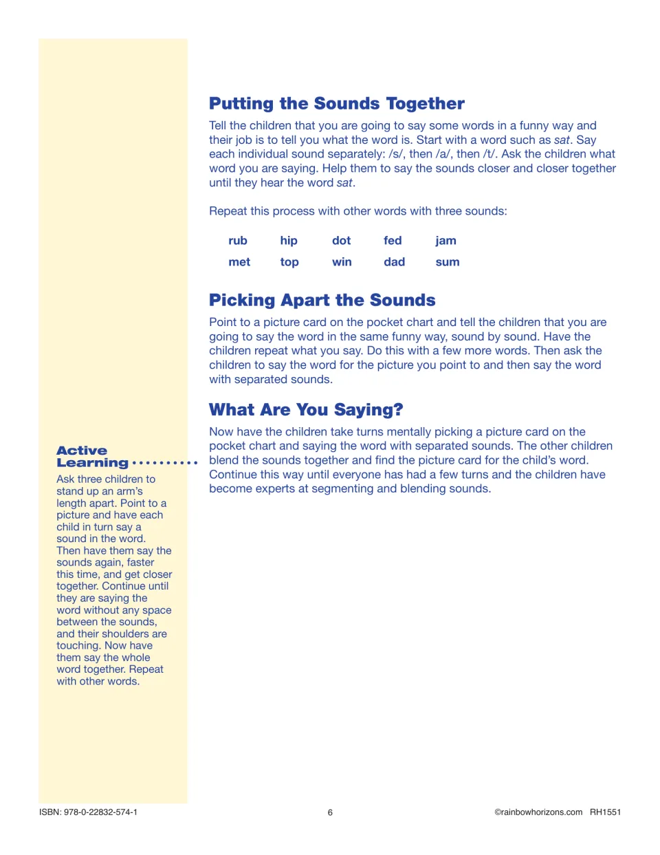 Blending and segmenting steps: children blend spoken sounds into words like sat, rub and jam, then segment picture words