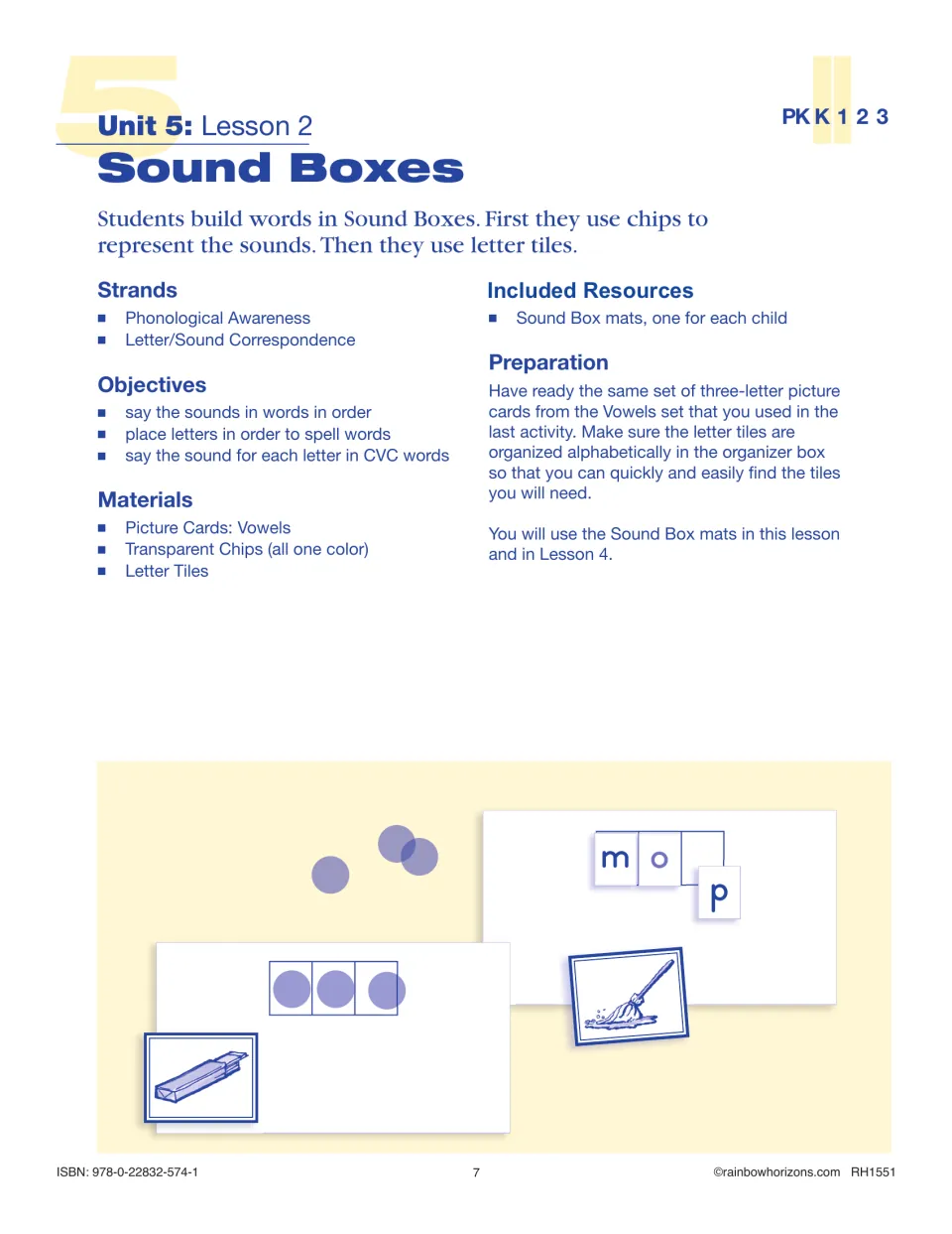 Lesson 2 Sound Boxes plan: students move chips, then letter tiles, into sound boxes to spell CVC words such as mop