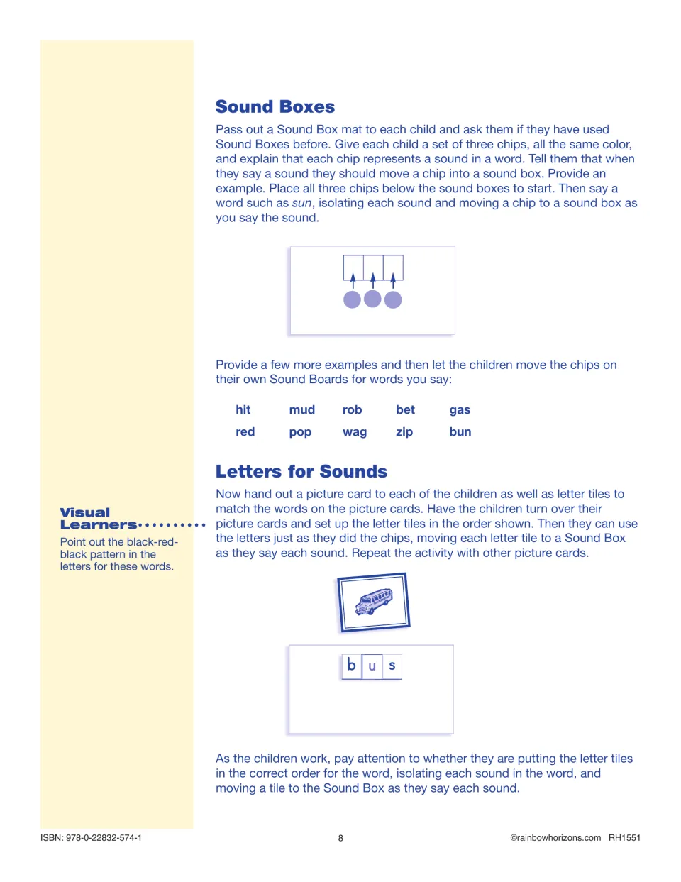 Sound Boxes steps: children push a chip per sound for words like hit and mud, then place letter tiles to spell bus