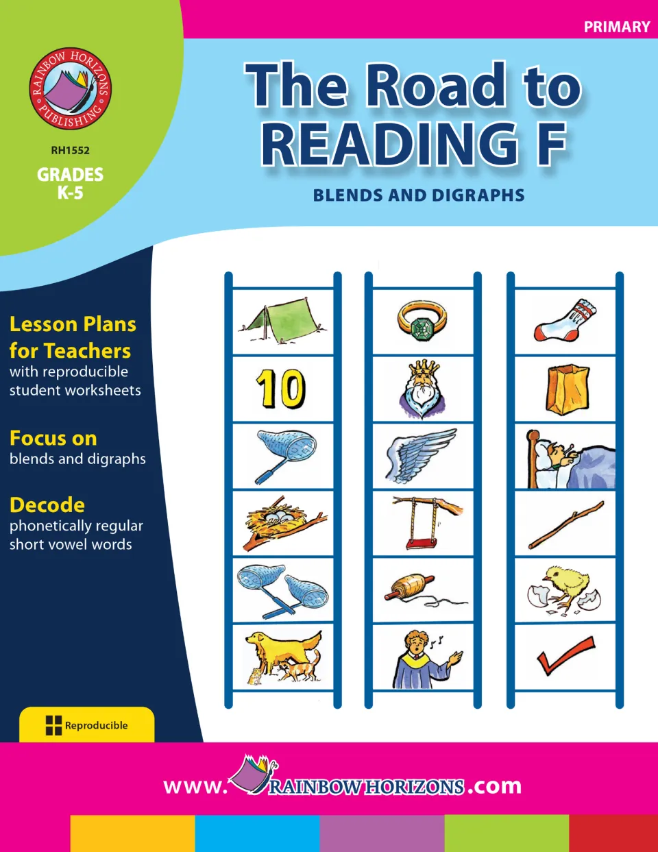 The Road to Reading F - Blends and Digraphs cover identifies teacher lesson plans and reproducible worksheets.